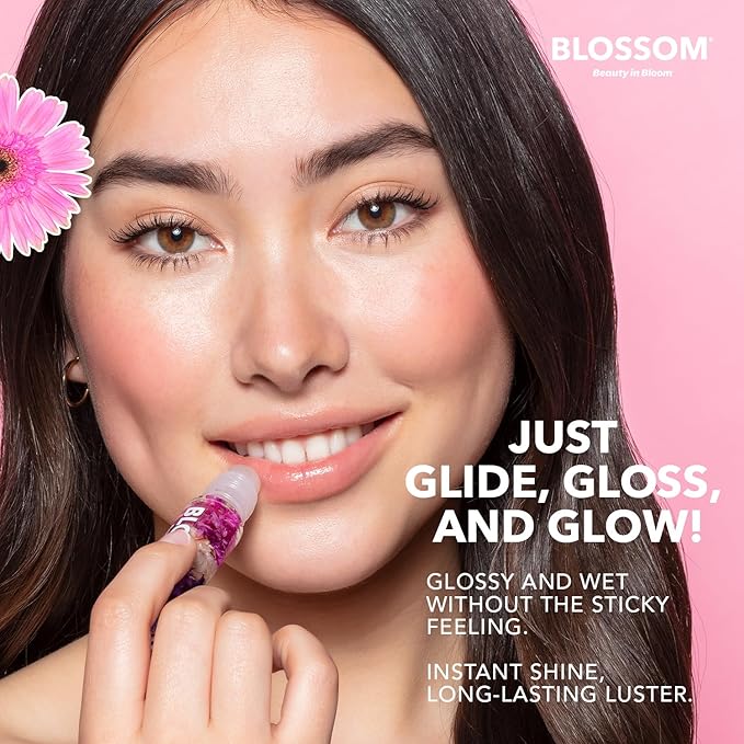Blossom Roll on Lip Gloss, Scented Clear High Shine Moisturizing Lip Oil, Non Sticky, Infused with Real Flowers, Made in USA, 0.3 fl. oz./9ml, 3 pack Mini Gift Set, Strawberry, Watermelon, Mango