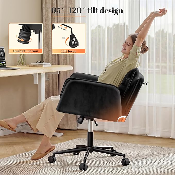 Criss Cross Chair with Wheels, Ergonomic Office Chair with Flip Armrests for Pets, Vanity Chair for Bedroom, Makeup Room and Office Room, Black