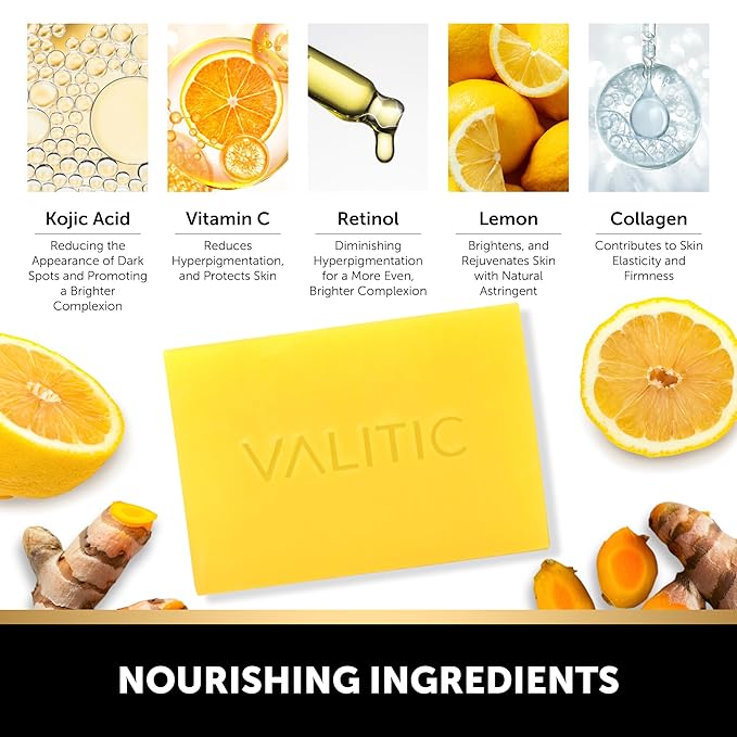 VALITIC Brightening Lemon & Turmeric Kojic Acid Soap with Vitamin C, Retinol, Collagen - Original Japanese Complex Infused with Hyaluronic Acid, Vitamin E, Shea Butter, Castile Olive Oil (4 Pack)