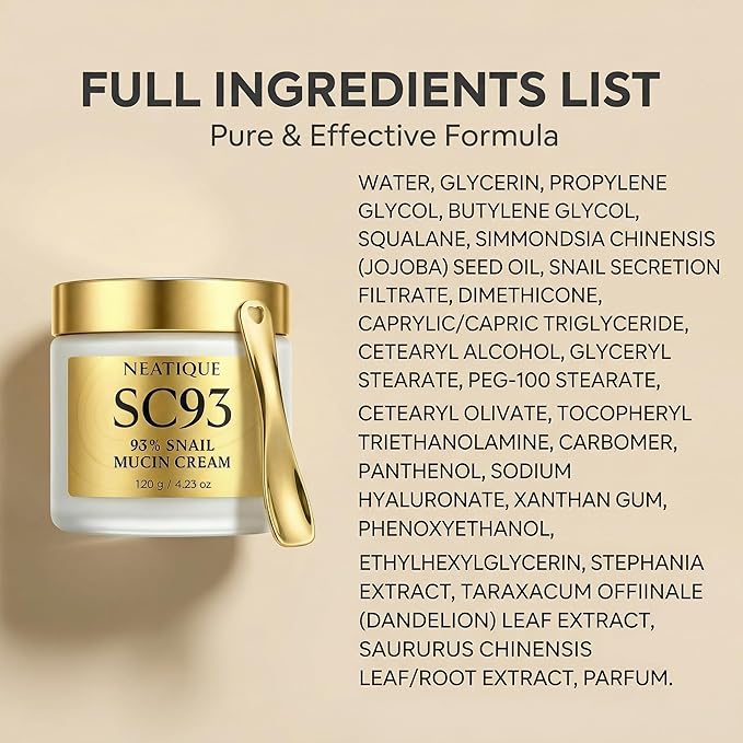 Snail Mucin Cream 93% for Skin Care, Intense Hydration & Dryness, Snail Mucin Moisturizer 120g, Natural Snail Secretion Filtrate & Non-GMO, Fast Absorbing & Non-Sticky, 4.23oz