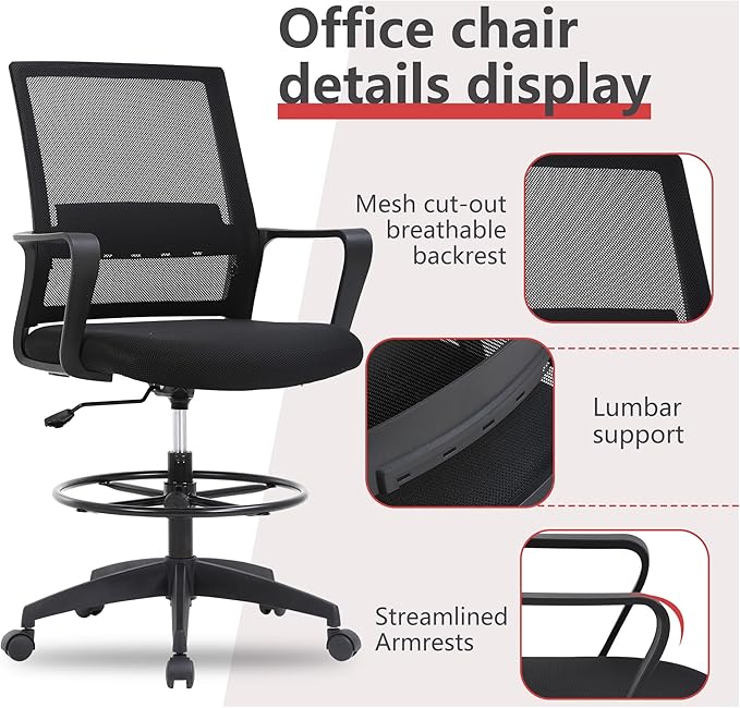 BestOffice Drafting Chair Tall Office Chair Adjustable Swivel Rolling Mesh Height with Lumbar Support Arms Footrest Mid Back for Adults Standing Desk Drafting Stool(Black)