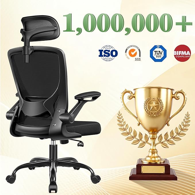 Office Chair Ergonomic Desk Chair, Breathable Mesh Office Chairs with Adjustable Lumbar Support, Flip-Up Arms, Computer Desk Chair Comfy for Home Office, Black