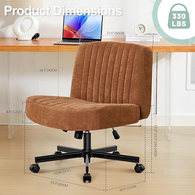 Criss Cross Chair with Wheels,Thick Padded Fabric Cross Legged Office Desk Chair with Pocket Spring Cushion,Dual-Purpose Base,Wide Adjustable Computer Home Office Vanity Chair,Brown
