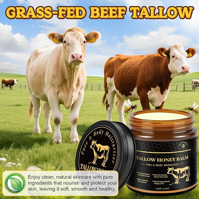 Beef Tallow for Skin, Tallow and Honey Balm for Face, Grass-Fed Beef Tallow Face Moisturizer, Deeply Moisturizing for Dry & Sensitive Skin (4.23oz/120g)