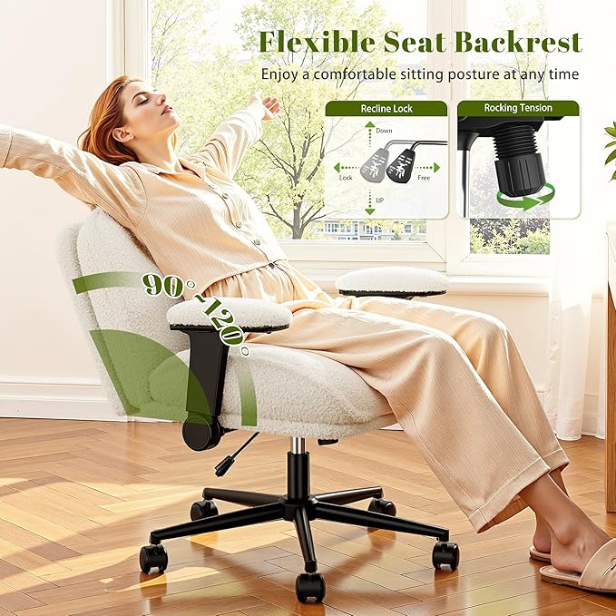 Cross Legged Office Chair with Flip-Up Arms,Oversized Criss Cross Chair with Wheels,Wide & Extra-Deep Seat Thickened for Home Office,Vanity, Bedroom,Apartment Dorms,Plush Cushion,Comfy,White