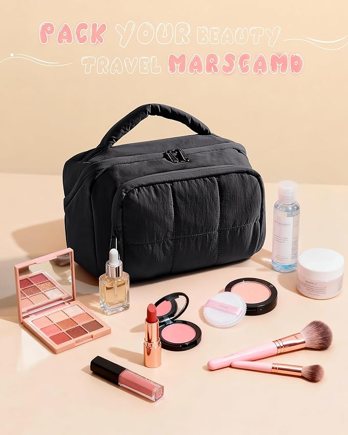 Travel Makeup Bag for Women, Toiletry Organizer with Waterproof Pockets, Puffy Cosmetics Pouch for Makeup Brushes, Skincare & Travel Essentials, Black (Bag only)