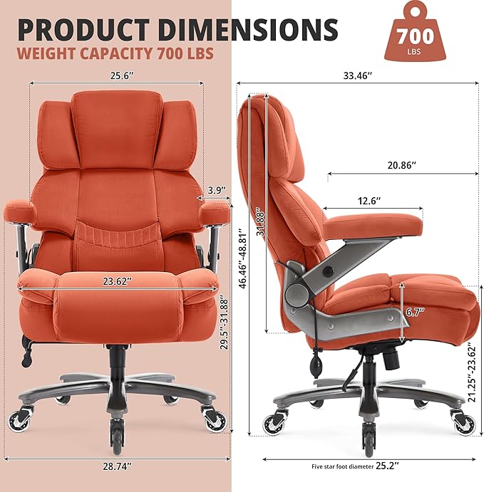 Big and Tall Office Chair 700lbs- Fabric High Back Executive Computer Chair with Adjustable Lumbar Support 3D Flip Arms Plus Size Rubber Wheels- Extra Wide Large Desk Chairs, Heavy Duty Metal Base