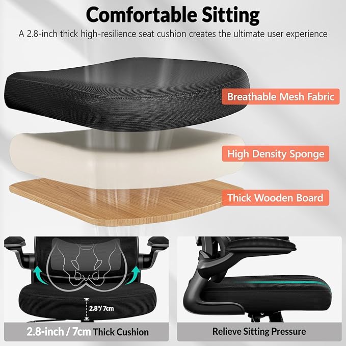 Office Chair Ergonomic Desk Chair, Breathable Mesh Comfy Chair with Lumbar Support, Computer Chair, Home Desk Chair with Flip-up Armrests, Gaming Chair for Adults Home Office (Black,2Pack)