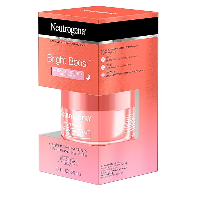 Neutrogena Bright Boost Overnight Recovery Gel Cream with Neoglucosamine, Brightening Nighttime Moisturizer, Oil-Free & Non-Comedogenic, 1.7 oz
