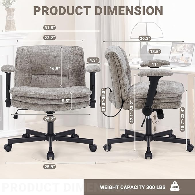 Criss Cross Chair with Wheels and Flip Arms, Upholstered Cross Legged Office Chair with 3 Layer Cushions&Dynamic Airbag Lumbar Support, Wide Seat Comfy Desk Chair for Home Office, Living Room, Khaki