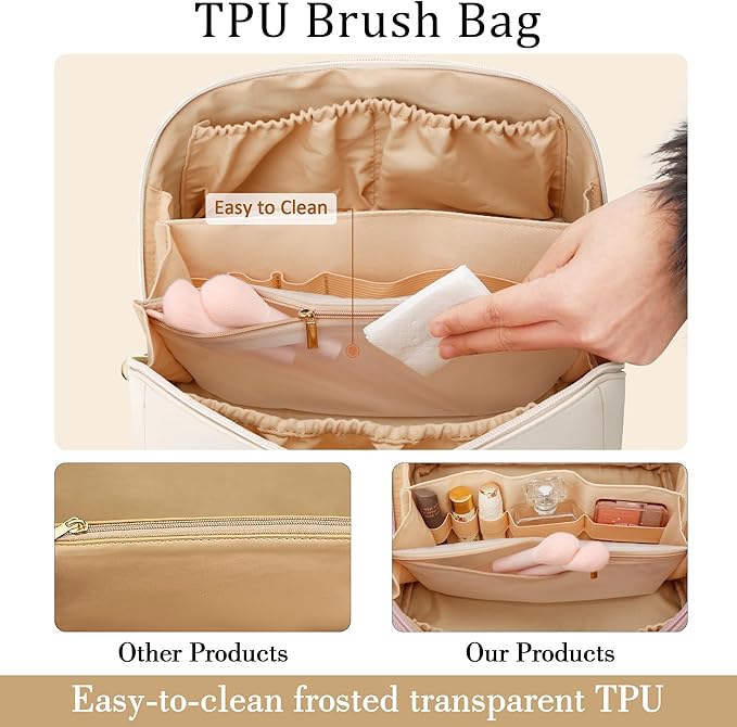 Birthday Gifts for Women Teen Girl, Personalized Initial Makeup Organizer Bag Set, Open Flat Travel Cosmetic Bag With Clear Divider and Handle(Large-Beige,A)
