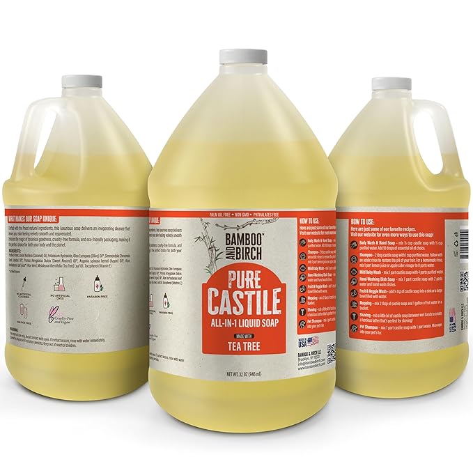 BAMBOO AND BIRCH Pure Castile Soap Liquid, Certified Palm Oil Free Natural Soap, Tea Tree, 64 oz