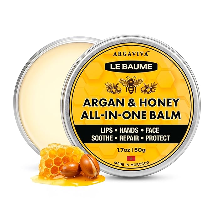 Le Baume French Lip Balm Lip Moisturizer in Tin, Moroccan Argan Oil and Honey, All-In-One Multi-Use Skin Balm for Chapped Lips Hands Face, Waterless, Non-Greasy, Travel Friendly, 1.7 Oz
