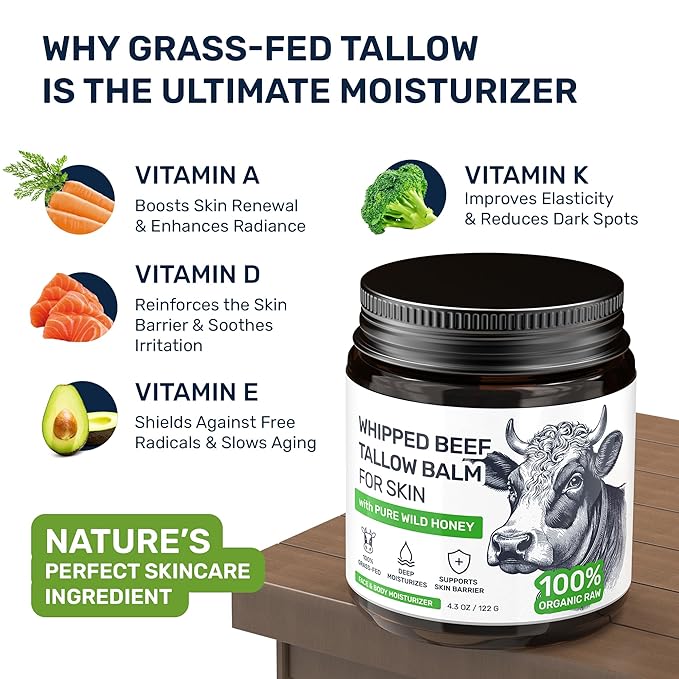 Beef Tallow for Skin – Grass Fed Whipped Tallow and Honey Balm, Face and Body Moisturizer with Beeswax and Wild Honey, 3-Ingredient Fragrance Free Non Comedogenic Formula for Dry Sensitive Skin