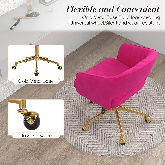 Home Office Swivel Desk Chair, Modern Velvet Vanity Chair, Height Adjustable Armchair with Gold Base, Ergonomic Office Chair for Task Study Computer Room, Hot Pink