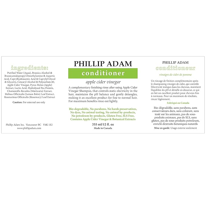 Phillip Adam Apple Cider Vinegar Conditioner for Shiny Hair - No Harsh Preservatives - For All Hair Types - 12 Ounce