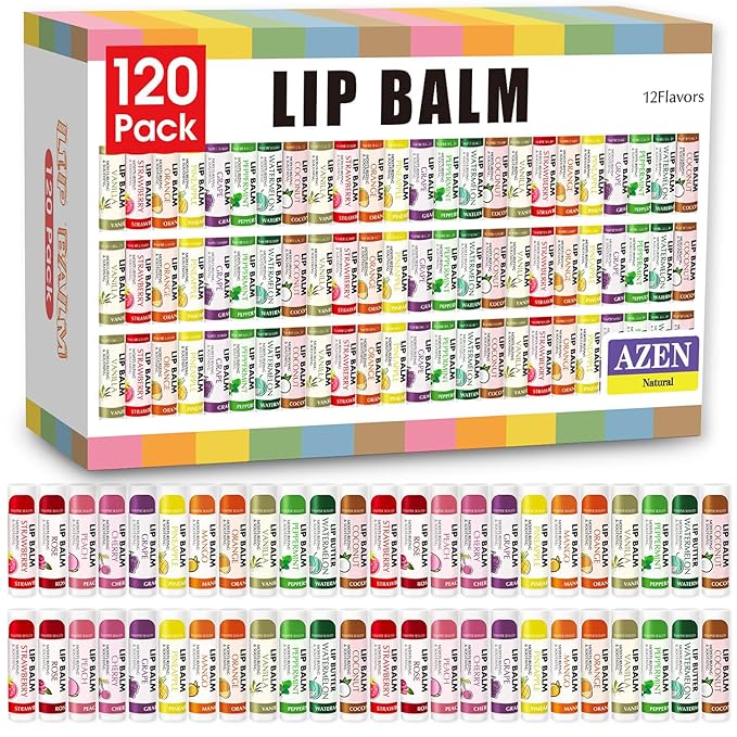 AZEN 120 Pack Lip Balm, Natural Lip Balm Bulk, Lip Care Product, Moisturizing Lip Balms for dry cracked lips, Valentines Gifts Easter Basket Stuffers - 12 Flavors