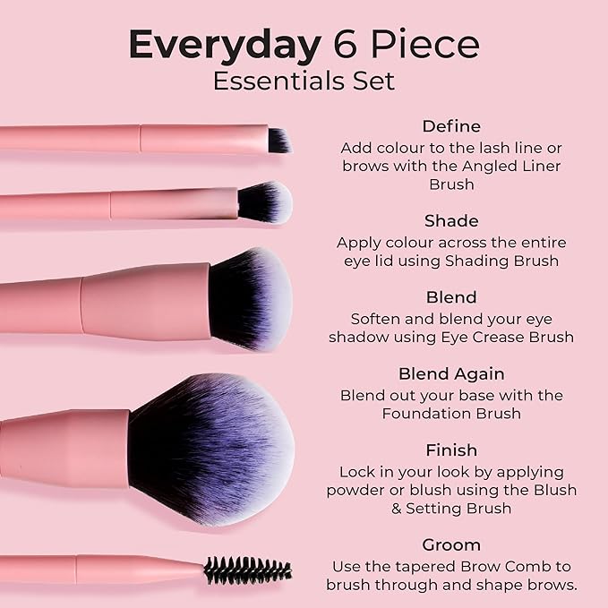 MCoBeauty - Everyday 6 Piece Essentials Brush Set - Complete Makeup Brush Collection for Face, Eyes & Brows, Soft Synthetic Bristles - Makeup Brushes Set, Brochas para Maquillaje