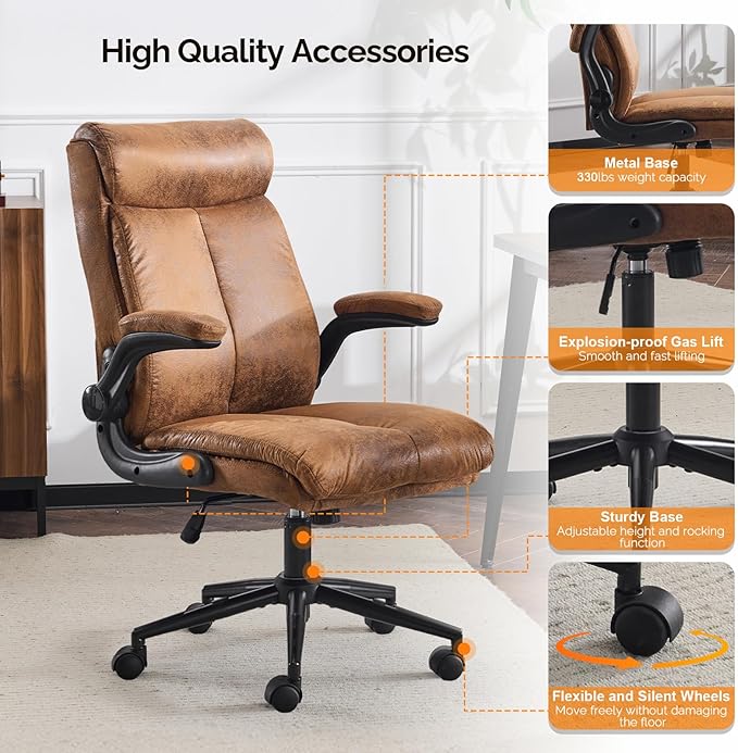VINGLI Microfiber Brown Rolling Ergonomic Office Desk Chair with Padded Flip-up Arms, 360°Swivel High Back Executive Computer Chair with Wheels for Game，Home Small Space, Study Room, Reading Room
