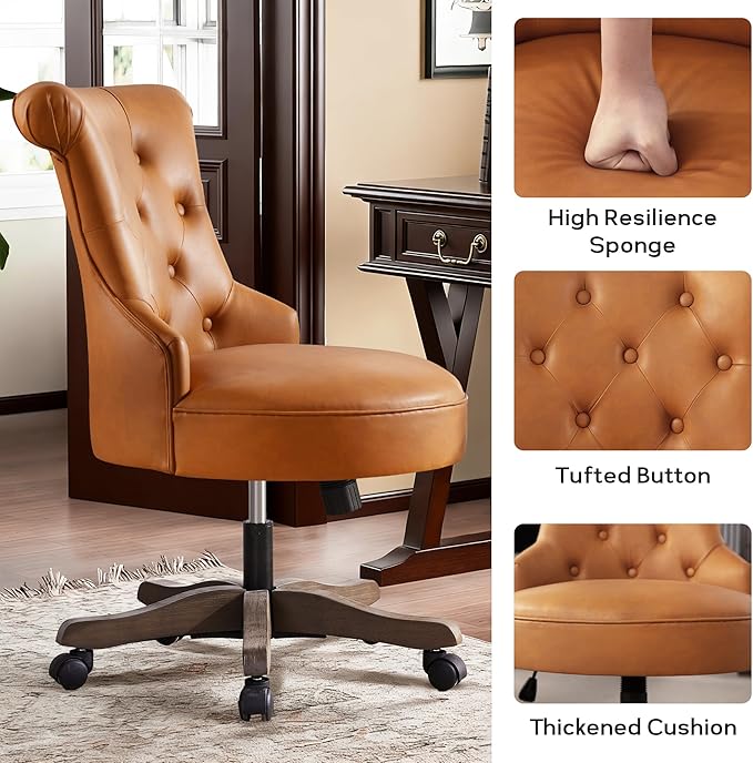 HUIMO Home Office Chair Upholstered Armless Desk Chair with Wheels Adjustable Height Computer Desk Chair with Wooden Legs Comfortable Swivel Chair for Home Office Study Studio (Caramel Brown)