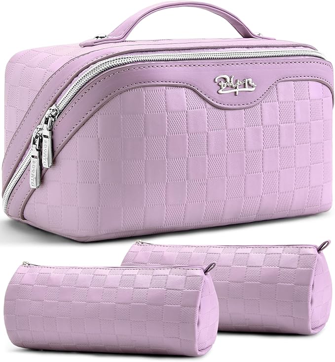 BOYATU Travel Makeup Bag Organizer: 3 Pcs Set Large Capacity Cosmetic Bags Holds 10–20 100ml Full-Size Bottles - 180°Open-Flat Make up Case 3-sec touch-up - Toiletry Bag Gift women (01-F-Purple)
