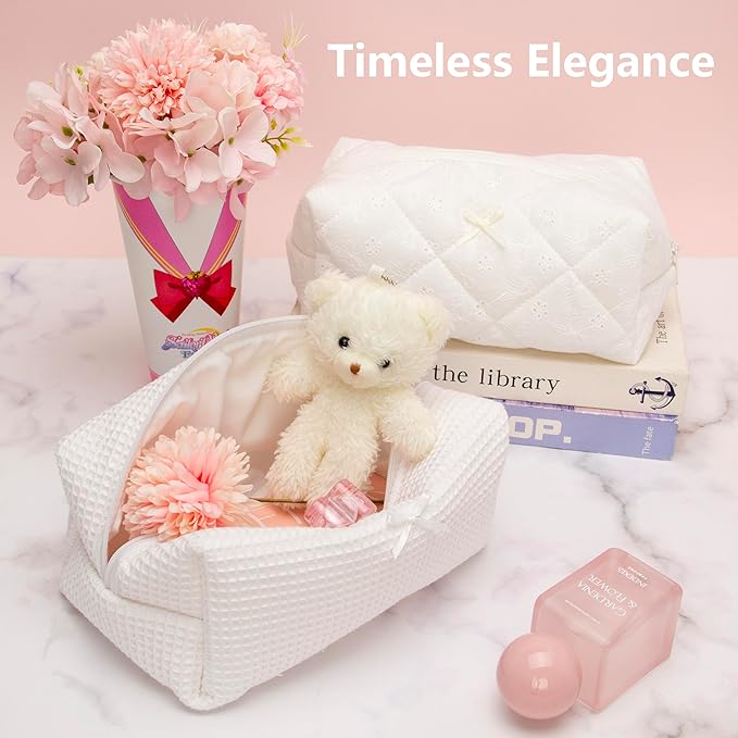 PAZIMIIK 2PCS Cozy Makeup Bag Travel Cosmetic Bag for Women Soft Toiletry Bag Aesthetic Makeup Organizer Portable Large Zipper Pouch for Skincare Beauty Accessories Brushes Waffle Check White
