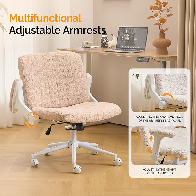 VINGLI Criss Cross Chair with Adjustable Flip-Up Arms,Cross Legged Chair with Wheels,Extra Wide Office Chair,Desk Chair for Home Office,Vanity,Bedroom, Apartment,Starry Chenille,Pink