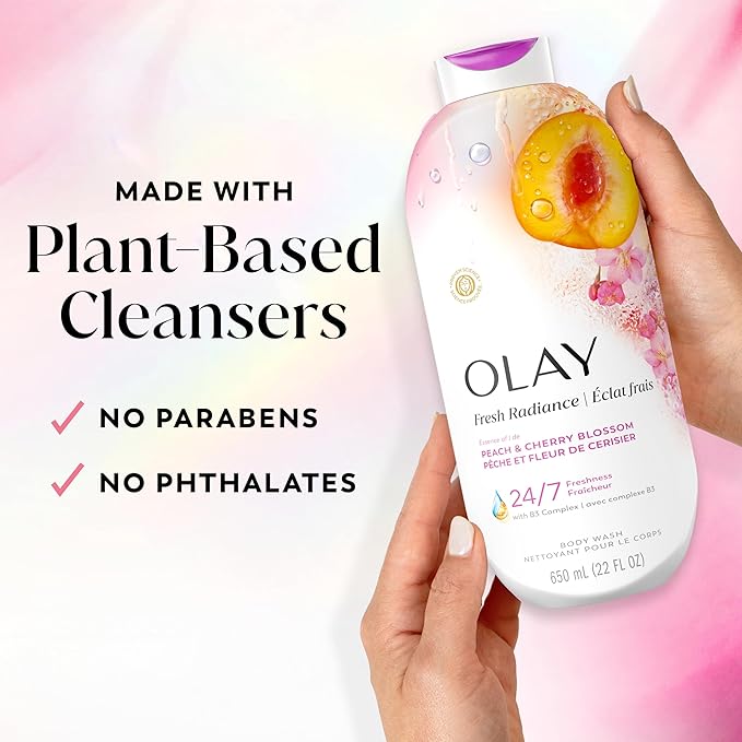 Olay Body Wash for Women, Fresh Radiance, 24/7 Skin-Loving Freshness, Visibly Radiant, Plant Based Cleansers, Vitamin B3 & Antioxidant Blend, For All Skin Types, Peach & Cherry Blossom Scent, 22 fl oz