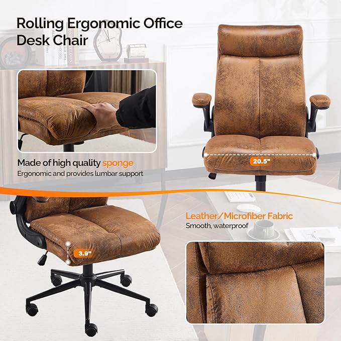 VINGLI Microfiber Brown Rolling Ergonomic Office Desk Chair with Padded Flip-up Arms, 360°Swivel High Back Executive Computer Chair with Wheels for Game，Home Small Space, Study Room, Reading Room