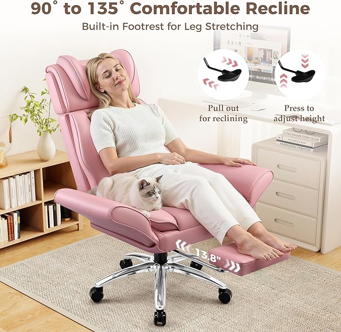 Big and Tall Office Chair, Flip Armrests for Pets & Cross Legged Sitting, Ergonomic Leather Executive Desk Chair with Foot Rest, High-Back Reclining Computer Chairs for Office Home Game - Pink