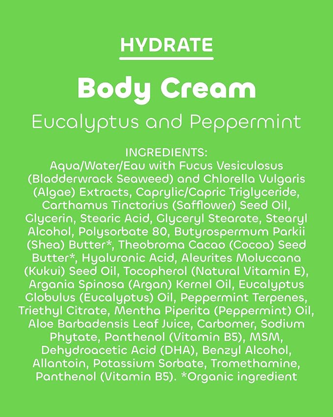 Seaweed Bath Co. Hydrate Body Cream - Eucalyptus Peppermint - Hydrating Scented Moisturizer for Body and Hands - With Vitamin E, Hyaluronic Acid and Shea Butter for Dry Skin - 6 oz
