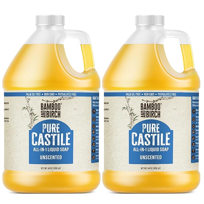 BAMBOO AND BIRCH Pure Castile Soap Liquid, Certified Palm Oil Free Natural Soap, Unscented, 1 Gallon