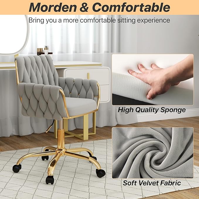 Velvet Home Office Chair, Modern Height Adjustable Cute Vanity Chair, 360° Swivel Makeup Chair Desk Chair with Golden Base and Hand Woven Backrest for for Bedroom/Study/Vanity(Light Gray)