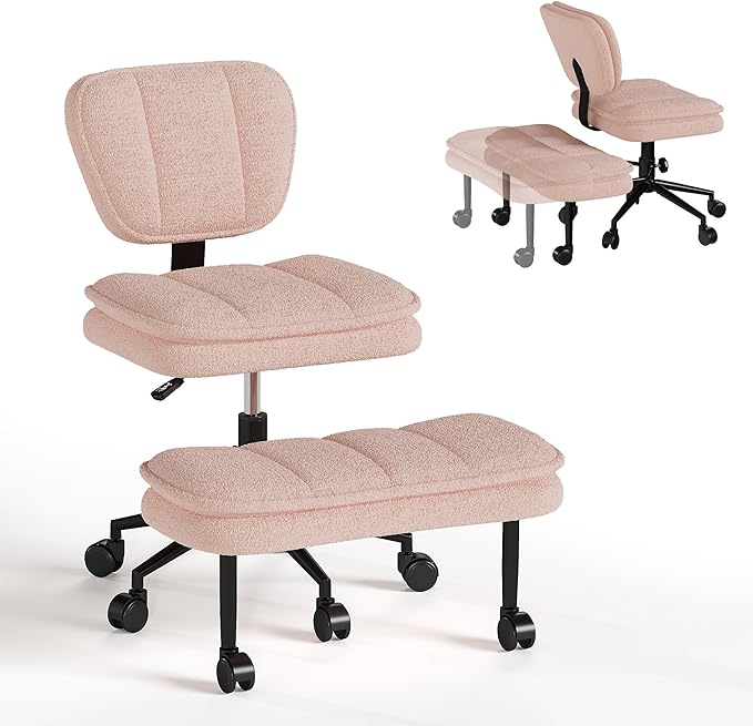 AODAILIHB Ergonomic Cross Legged Office Chair with Pull-Out Stool, 360° Swivel Teddy Fabric Meditation Chair with Wheels, Height Adjustable Kneeling Chair with Lumbar Support for Home Office, Pink