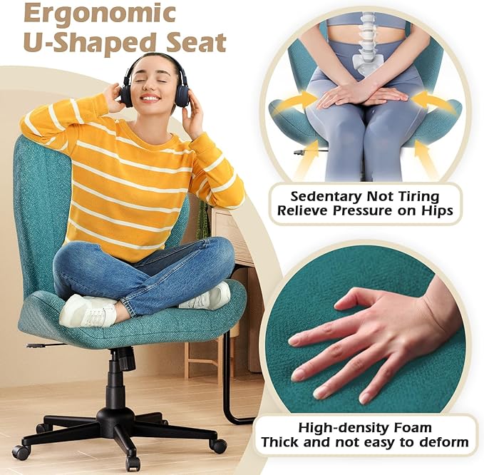Criss Cross Chair with Wheels, Wide Cross Legged Office Chair Armless Comfy Desk Chair with Tall Back Vanity Chairs with Stress Relief Curved Design Seat for Bedroom & Office & Home Blue
