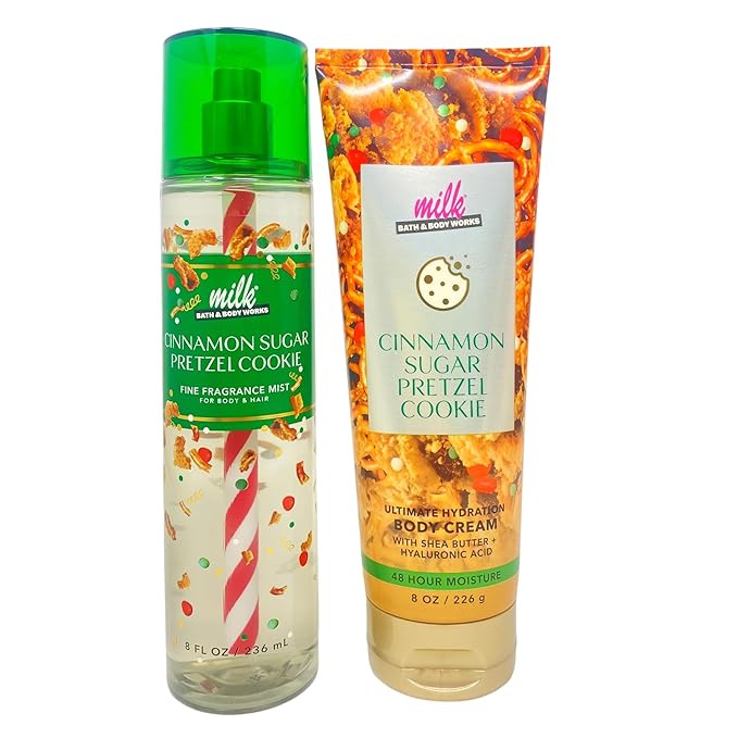 Bath & Body Works Cinnamon Sugar Pretzel Cookie Fine Fragrance Mist and Ultimate Hydration Body Cream with a Peach Gardenia Bar Soap