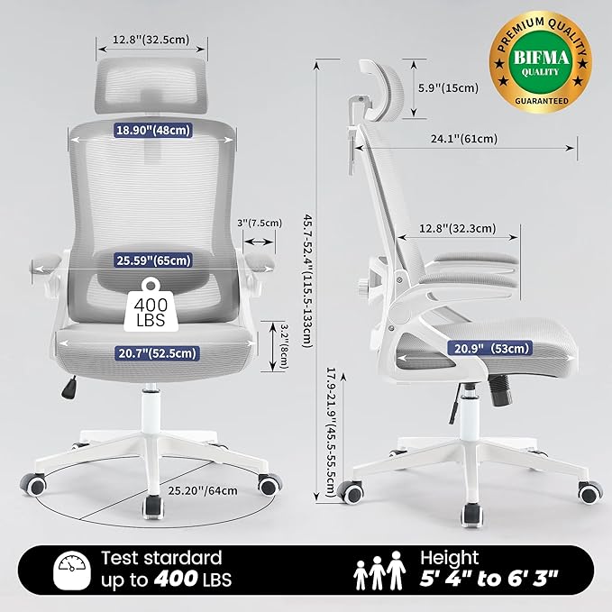 Fizzin Ergonomic Office Chair, 400 LBS Desk Chair with Adjustable Lumbar Support, High Back Breathable Mesh Computer Chair Rolling Work Swivel Task Chairs, Comfy Home Office Desk Chair (Gray)