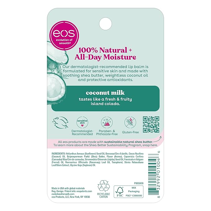 eos 100% Natural Lip Balm - Coconut Milk, All-Day Moisture, Dermatologist Recommended for Sensitive Skin Care, Lip Care Products, 0.25 oz (Pack of 2)