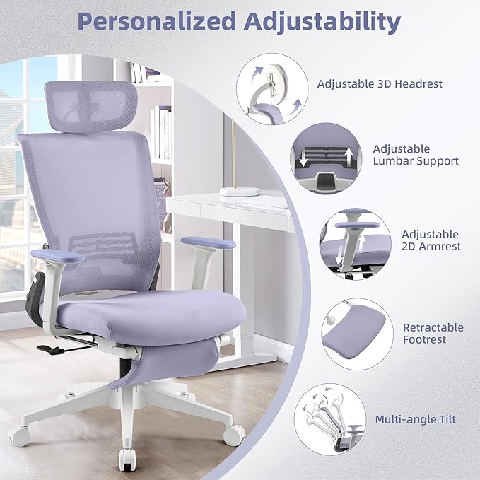 Foldable Office Chair with Foot Rest, Ergonomic Office Chair with Adjustable Lumbar Support, Headrest, Armrest, Home Office Desk Chair for Space Saving, Work from Home, Purple