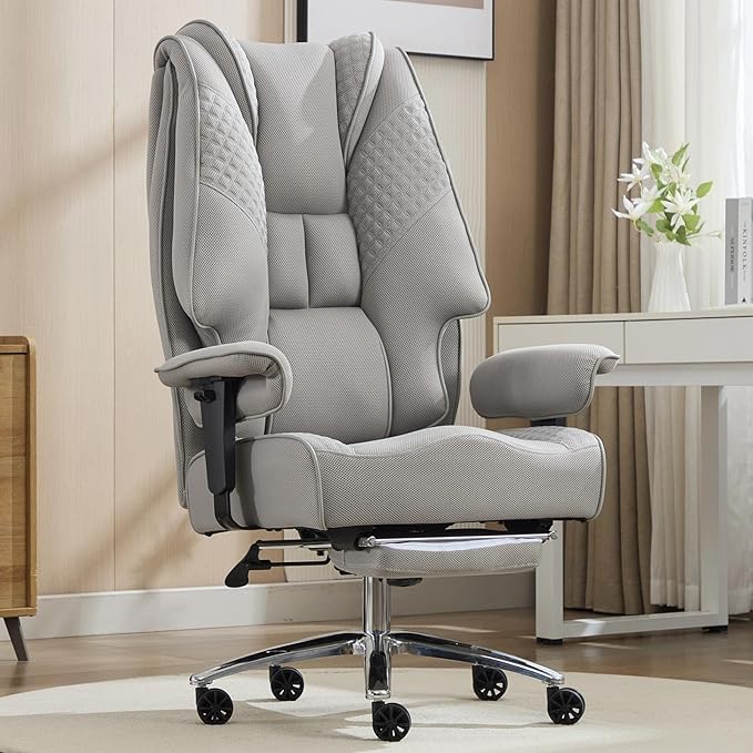 Big and Tall Office Chair 400lbs Wide Seat, Leather High Back Executive Office Chair with Foot Rest, Ergonomic Chairs Lumbar Support for Lower Back Pain Relief (Mesh Dove Grey)