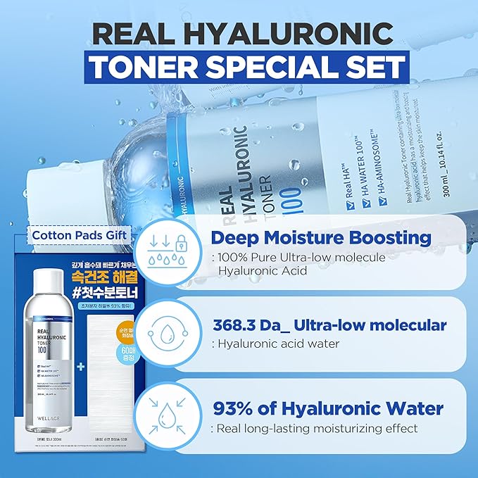 WELLAGE Real Hyaluronic Toner 100 ([2nd Gen] 10.1 fl.oz.+Cotton Pads (60ea))