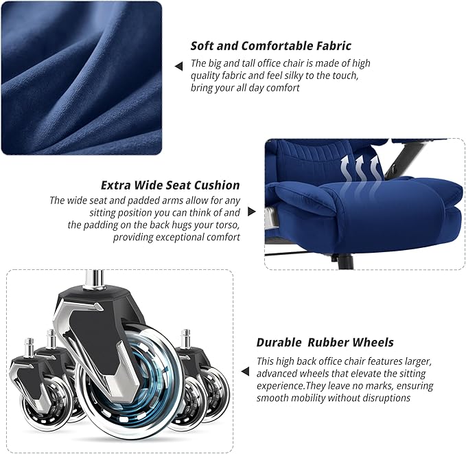Fabric 700lbs Big and Tall Office Chair-Large Computer Chair with Adjustable Lumbar Support 3D Flip Arms Plus Size Wheels, High Back Executive Desk Chair, Heavy Duty Metal Base, Thick Padded Wide Seat