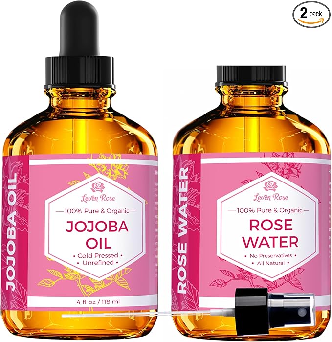 Jojoba Oil + Rose Water for Face Facial Toner Bundle by Leven Rose - Jojoba Moisturizer for Skin Hair Body and Nails 4 oz & Pure Moroccan Rosewater 4 oz