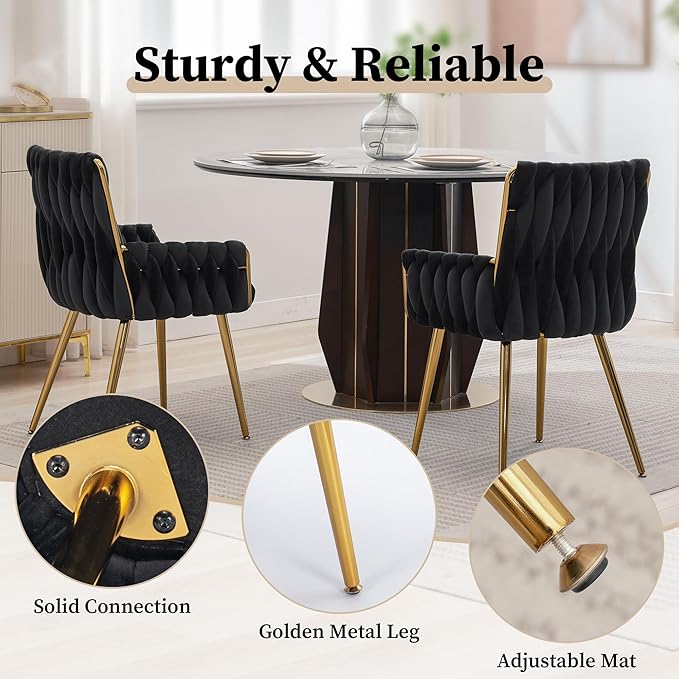 ABET Office Desk Chair No Wheels, Woven Velvet Vanity Chair with Back & Armrest, Comfy Upholstered Cute Gold Metal Legs Makeup Aesthetic Armchair for Girls & Women Bedroom, Nail Spa, Black