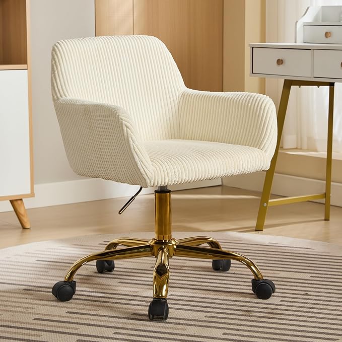Faux Fur 360°Swivel Desk Chair, Height Adjustable Home Office Armchair with Golden Base for Teens Women Girls, Upholstery Computer Chair for Home Studios, Corduroy & Beige