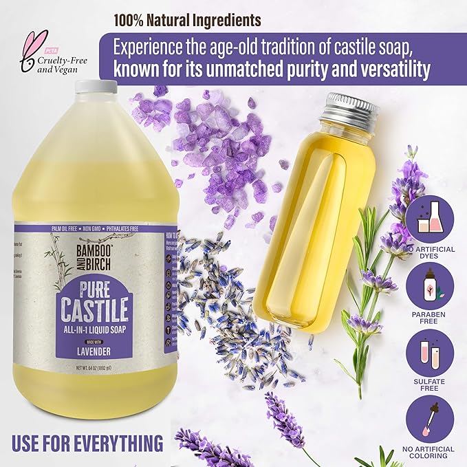 BAMBOO AND BIRCH Pure Castile Soap Liquid, Certified Palm Oil Free Natural Soap, Lavender, 64 oz