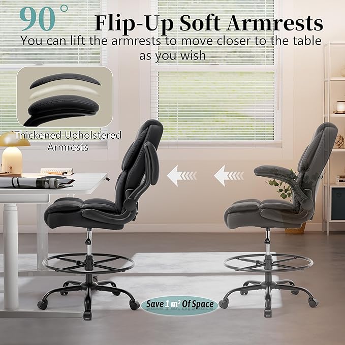 Ergonomic Drafting Chair, Tall Office Chair for Standing Desk, High Back Standing Desk Chair with Flip-Up Armrest, Adjustable Height&Foot Ring, Executive PU Leather Extended Height Office Chairs,Black