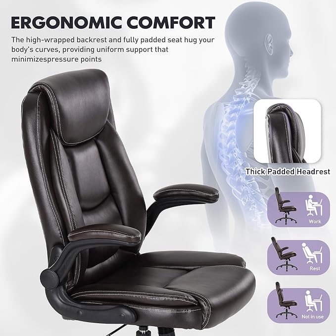 Ergonomic PU Leather Office Chair with Flip-Up Armrests & Reclining Backrest, 300lbs Thick Padded Seat Executive Desk Chair-Adjustable Height & Tilt Tension, Brown