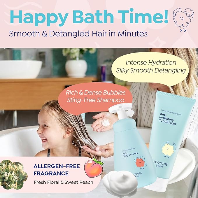 GOONGBE Korean Kids Silicone-Free Silky Shampoo & Conditioner for Weak Frizzy Hair - Glossy Shine & Tangle Prevention - Low pH - Allergen-Free, 10.1oz & 6.76oz