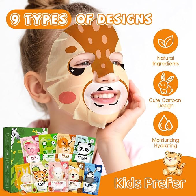 18 Pack Animal Face Mask for Kids, Bulk Sheet Face Masks Skincare for Girls, Collagen Hydrating Face Mask Spa Party Gifts for Teens, Easter Basket Stuffers, Birthday Gifts for Women